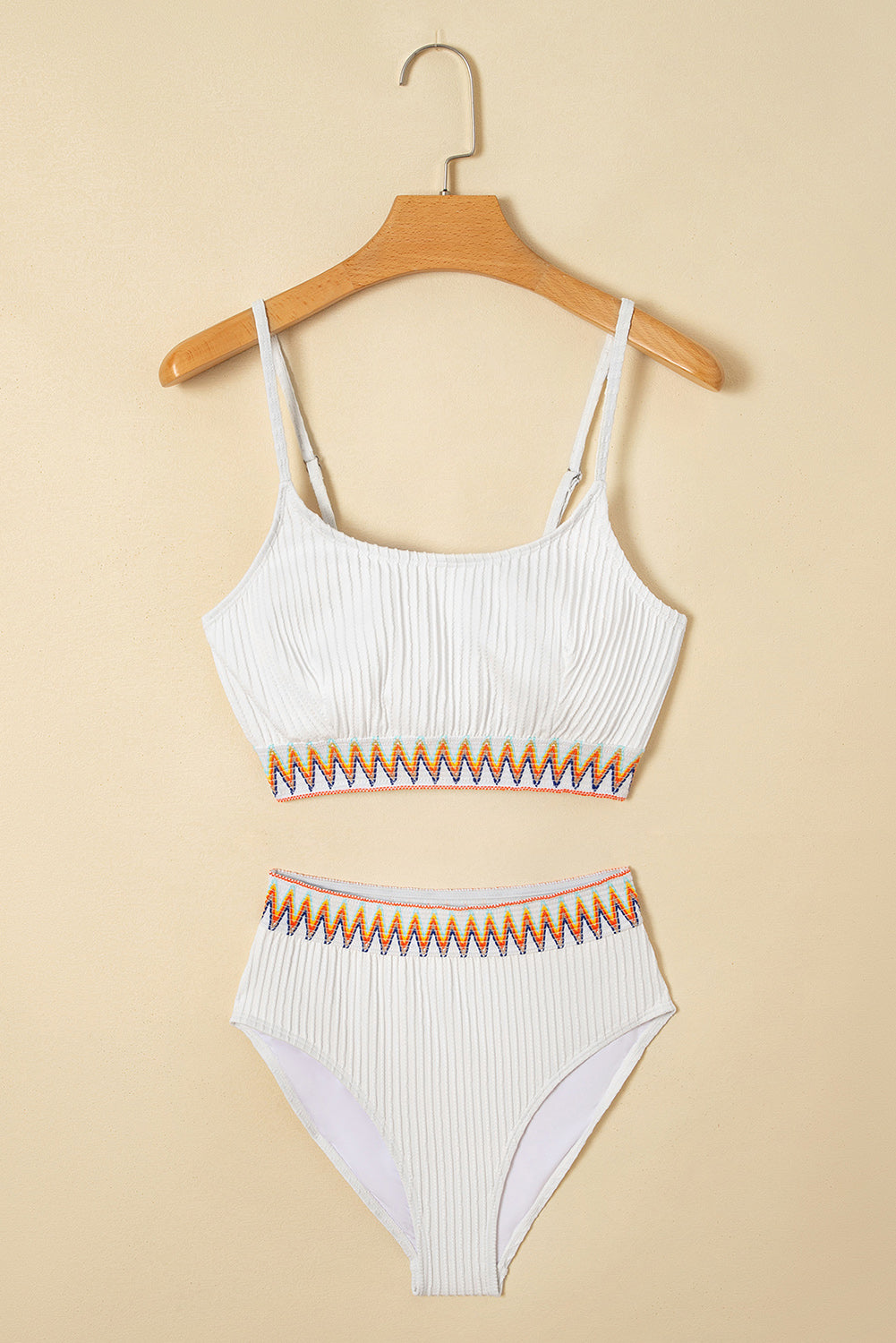 White Textured Contrast Banding Bikini High Waist 2Pcs Swimsuit-Swimwear/High Waisted Swimsuit-[Adult]-[Female]-2022 Online Blue Zone Planet