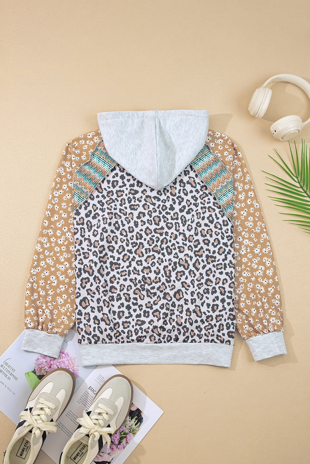 Multicolor Leopard Floral Patchwork Drawstring Hoodie-Tops / Dresses-[Adult]-[Female]-2022 Online Blue Zone Planet