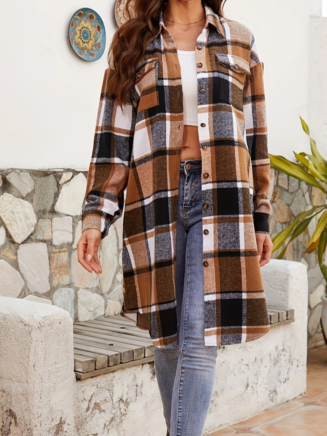 Plaid Collared Neck Long Sleeve Jacket-TOPS / DRESSES-[Adult]-[Female]-2022 Online Blue Zone Planet