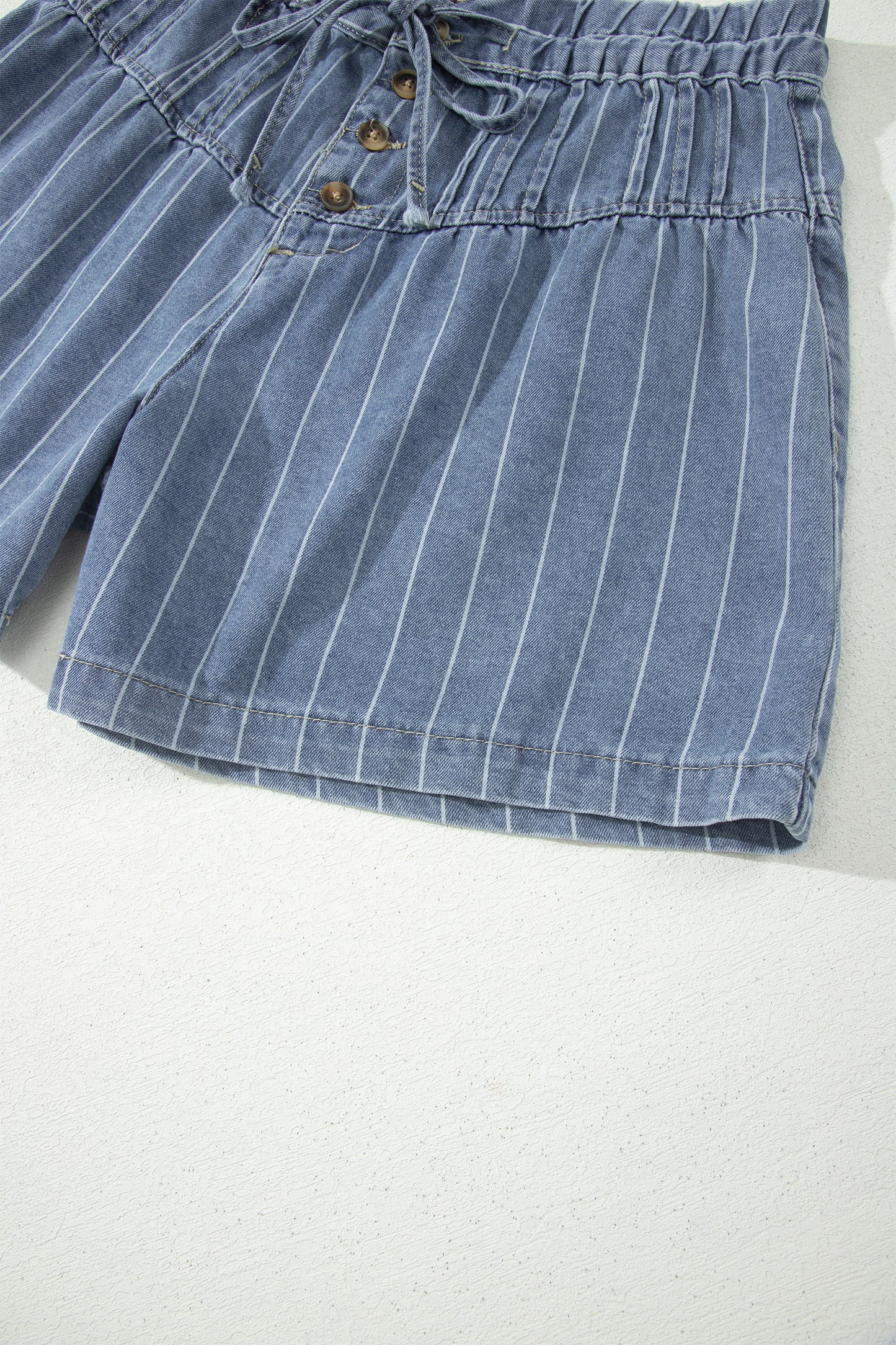Sky Blue Stripe Drawstring Button Pleated High Waist Denim Shorts-Bottoms/Denim Shorts-[Adult]-[Female]-2022 Online Blue Zone Planet