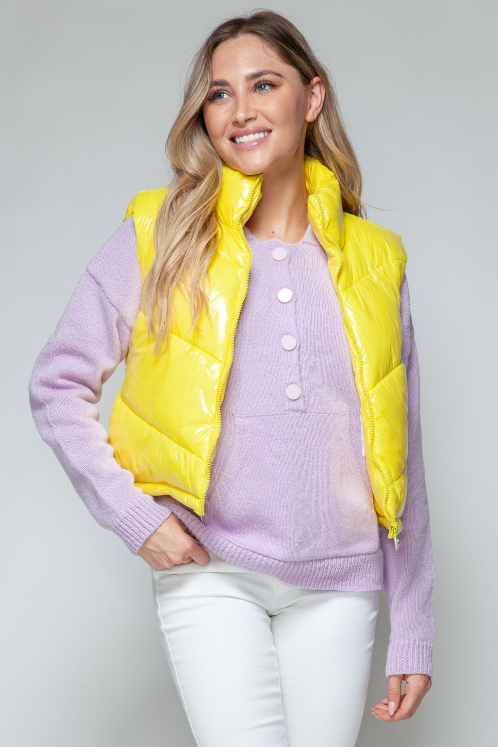 Snobbish Zip Up Turtleneck Shiny Quilted Vest-TOPS / DRESSES-[Adult]-[Female]-Yellow-S-2022 Online Blue Zone Planet