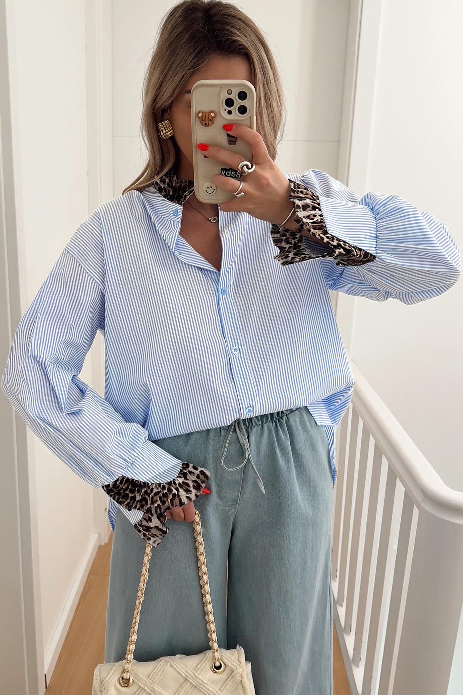 Sky Blue Stripe Ruffled Leopard Patchwork Long Sleeve Button Down Loose Shirt-Tops/Blouses & Shirts-[Adult]-[Female]-2022 Online Blue Zone Planet