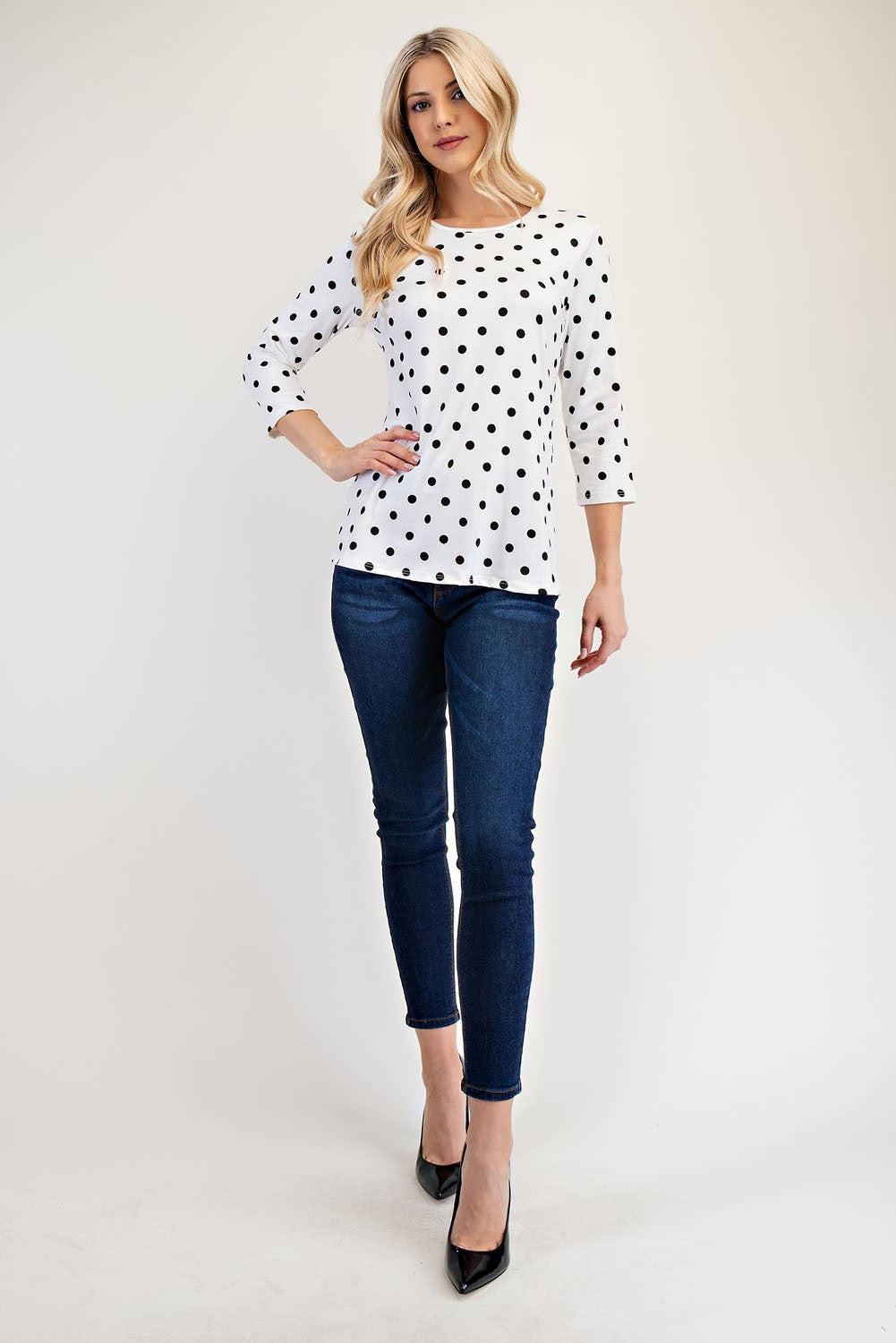 Celeste Full Size Polka Dot Round Neck Three-Quarter Sleeve T-Shirt-TOPS / DRESSES-[Adult]-[Female]-2022 Online Blue Zone Planet