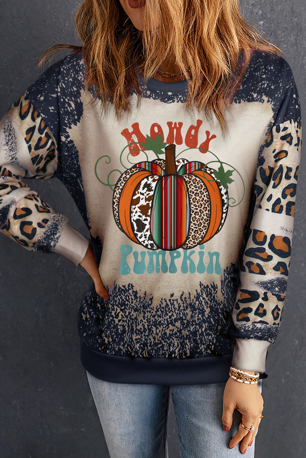 Blue Zone Planet | Pumpkin Graphic Long Sleeve Sweatshirt-TOPS / DRESSES-[Adult]-[Female]-Leopard-S-2022 Online Blue Zone Planet