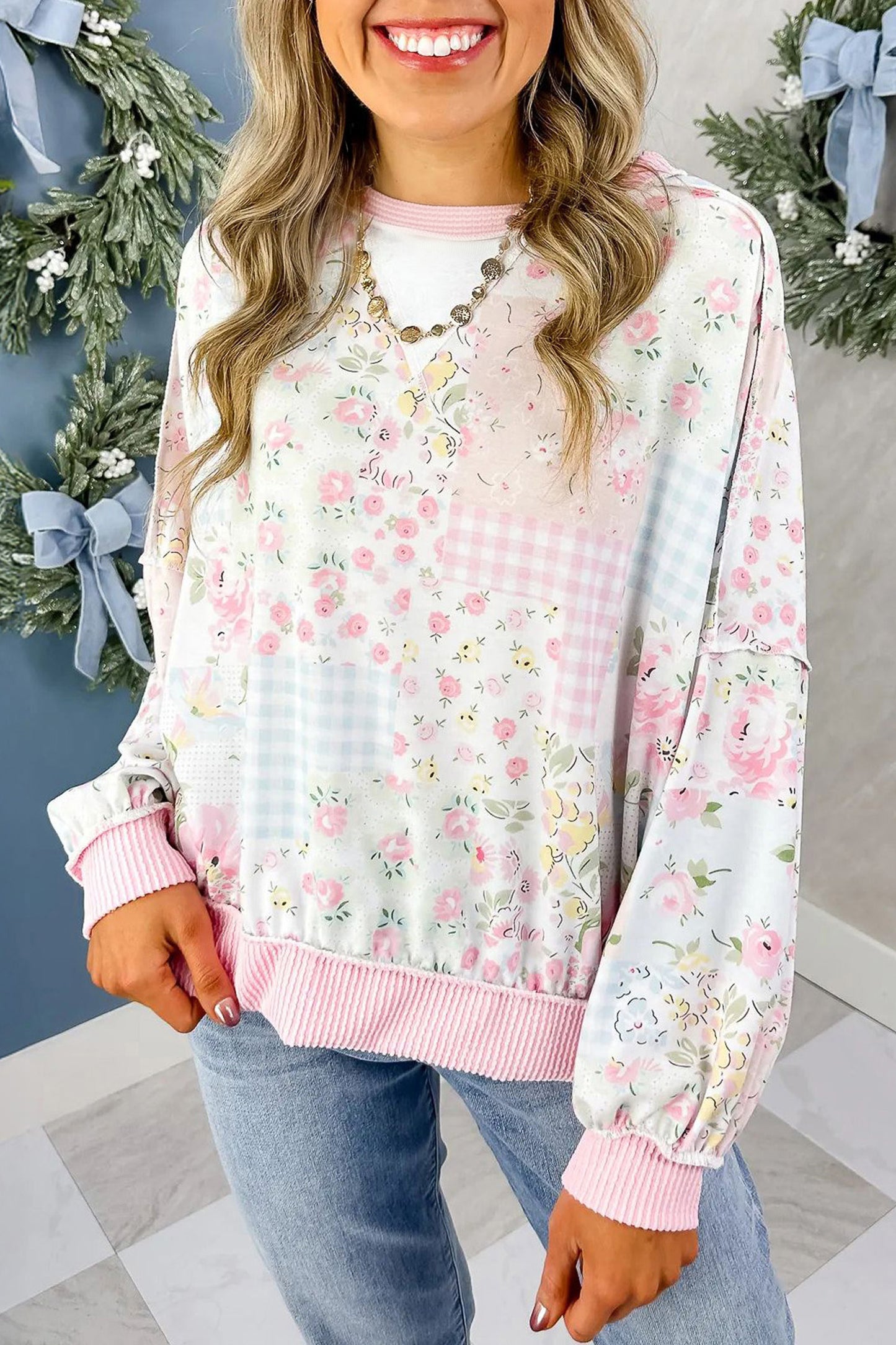 Pink Twisted Ribbed Trim Floral Print Patchwork Long Sleeve Top