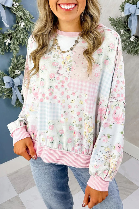 Pink Twisted Ribbed Trim Floral Print Patchwork Long Sleeve Top-Tops/Long Sleeve Tops-[Adult]-[Female]-Pink-S-2022 Online Blue Zone Planet