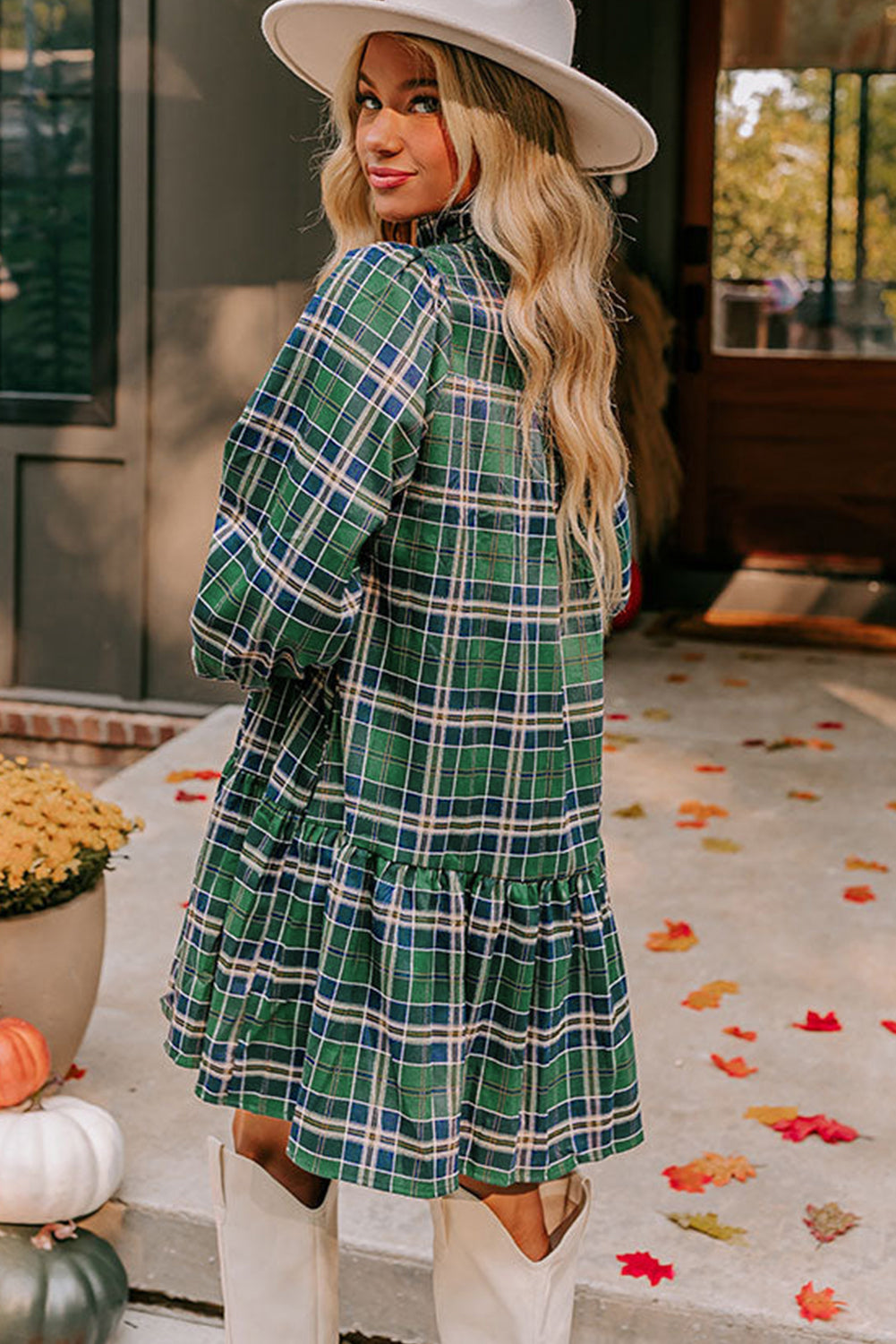 Green Plaid Print Frilly Collar Long Sleeve Shift Mini Dress-TOPS / DRESSES-[Adult]-[Female]-2022 Online Blue Zone Planet
