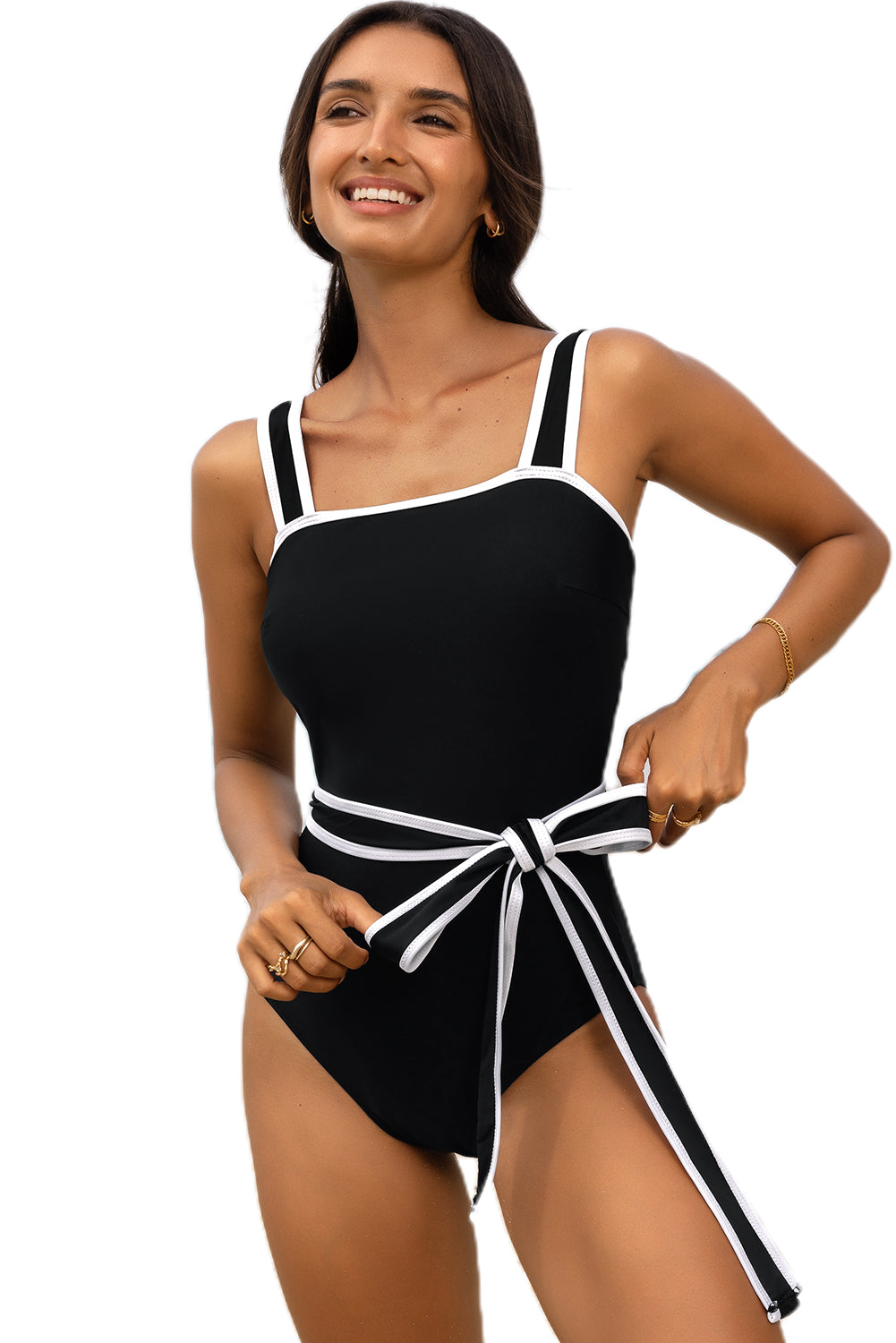 Black Colorblock Edge Belted One Piece Swimsuit-One-Piece-[Adult]-[Female]-2022 Online Blue Zone Planet