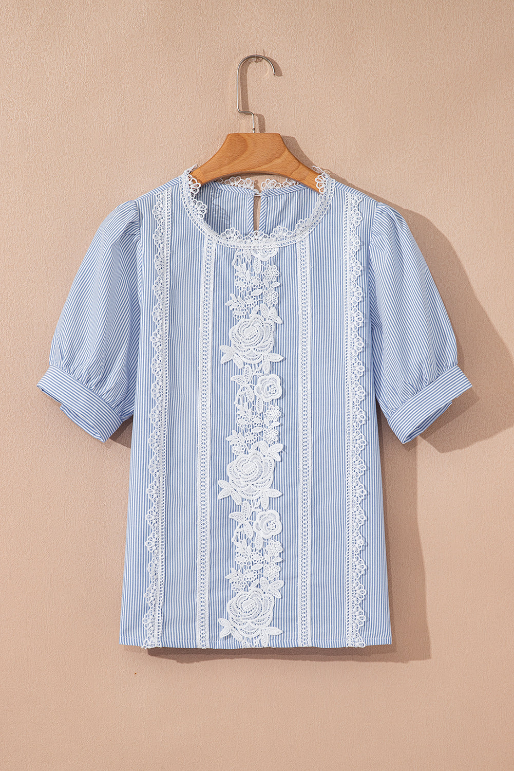 Sky Blue Stripe Floral Lace Splicing Puff Sleeve Blouse-Tops/Blouses & Shirts-[Adult]-[Female]-2022 Online Blue Zone Planet