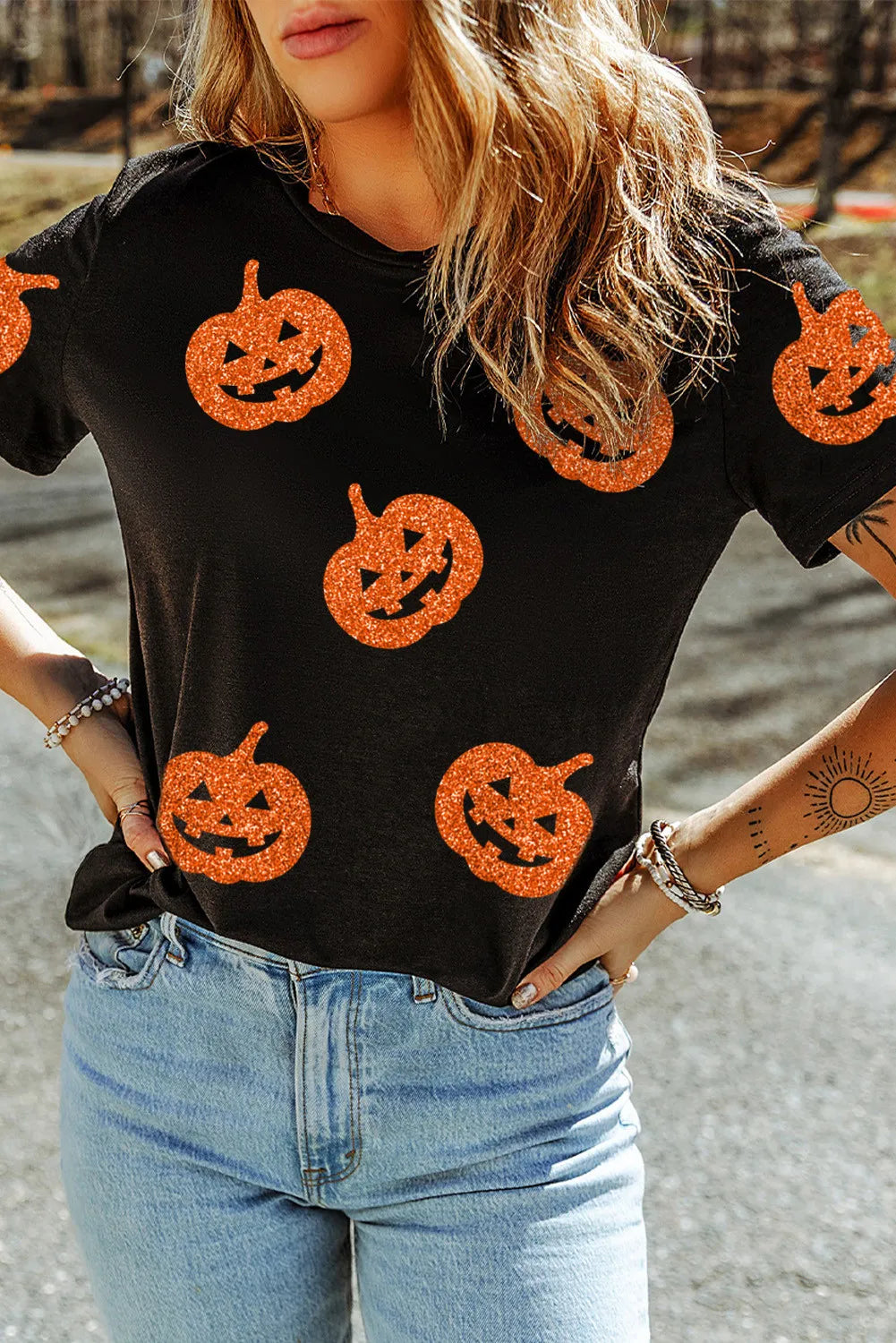 Full Size Glitter Jack-O'-Lantern Round Neck Short Sleeve T-Shirt-TOPS / DRESSES-[Adult]-[Female]-Black-S-2022 Online Blue Zone Planet