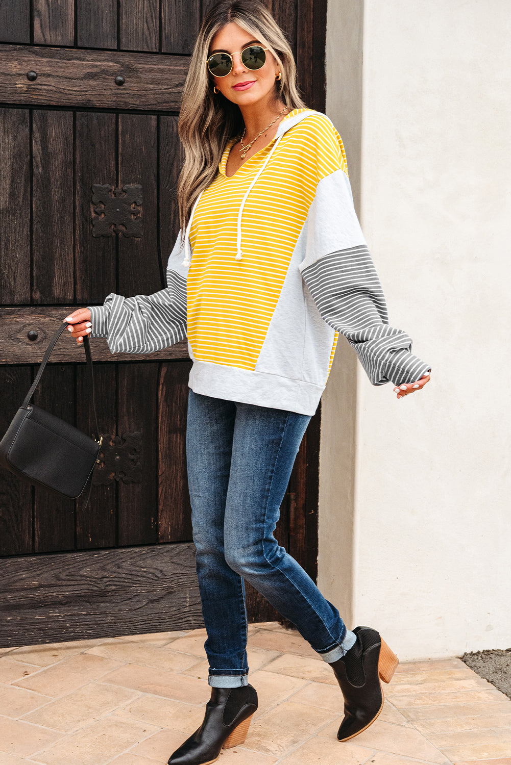 Yellow Stripe Color Block Drawstring V Neck Loose Fit Hooded Top-Tops/Sweatshirts & Hoodies-[Adult]-[Female]-2022 Online Blue Zone Planet