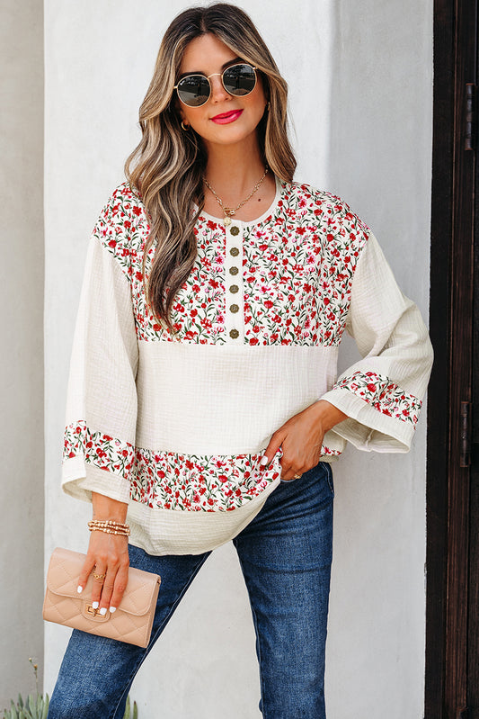 Red Floral Print Gauze Patchwork Henley Button 3/4 Sleeve Blouse-Tops/Blouses & Shirts-[Adult]-[Female]-2022 Online Blue Zone Planet