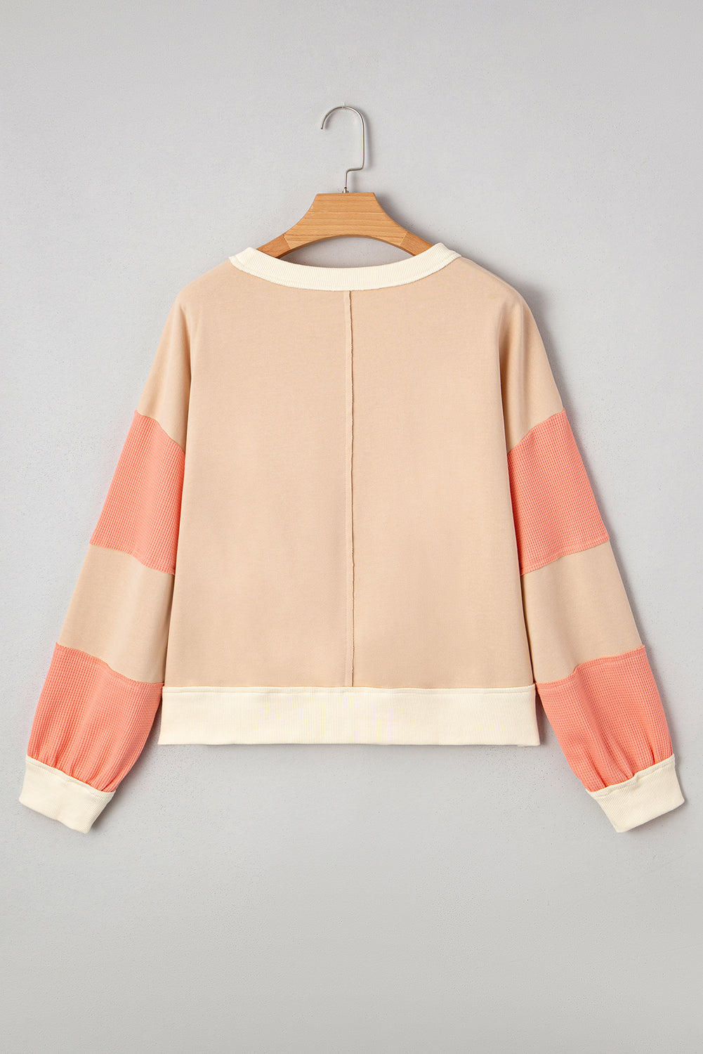 Light French Beige Color Block Textured Patchwork Pullover Sweatshirt-Tops/Sweatshirts & Hoodies-[Adult]-[Female]-2022 Online Blue Zone Planet