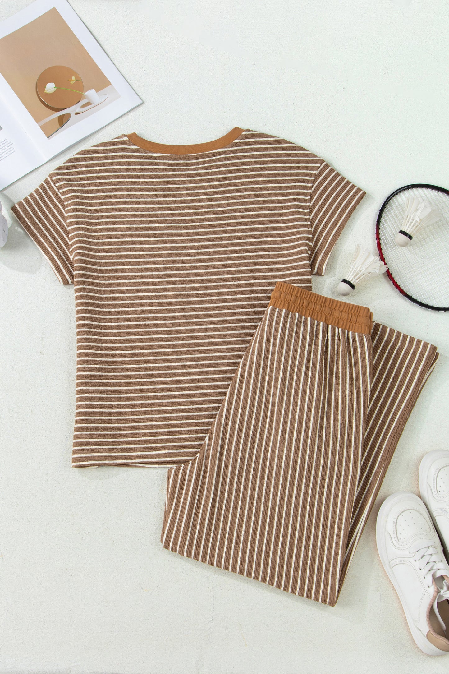 Khaki Stripe Crew Neck Tee Drawstring Waist Cropped Pants Set-Two Piece Sets/Pant Sets-[Adult]-[Female]-2022 Online Blue Zone Planet
