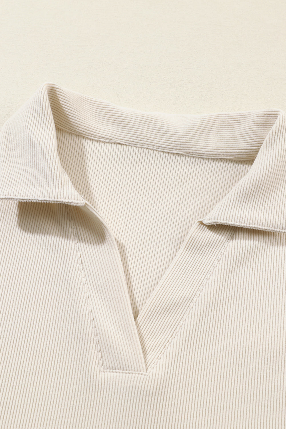 Beige Collared Split Neck Ribbed 2pcs Athleisure Outfit-Two Piece Sets/Pant Sets-[Adult]-[Female]-2022 Online Blue Zone Planet