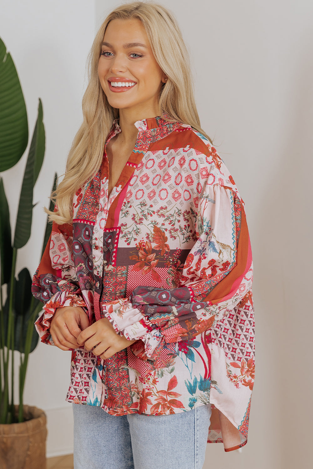Blue Zone Planet | Red Boho Geometric Mixed Print Patchwork Bubble Sleeve Shirt-Tops/Blouses & Shirts-[Adult]-[Female]-2022 Online Blue Zone Planet