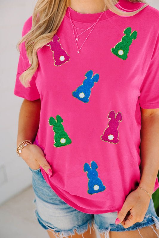 Rose Red Easter Rabbit Chenille Patched Pattern Crew Neck Tee-Graphic/Graphic Tees-[Adult]-[Female]-Rose Red-S-2022 Online Blue Zone Planet