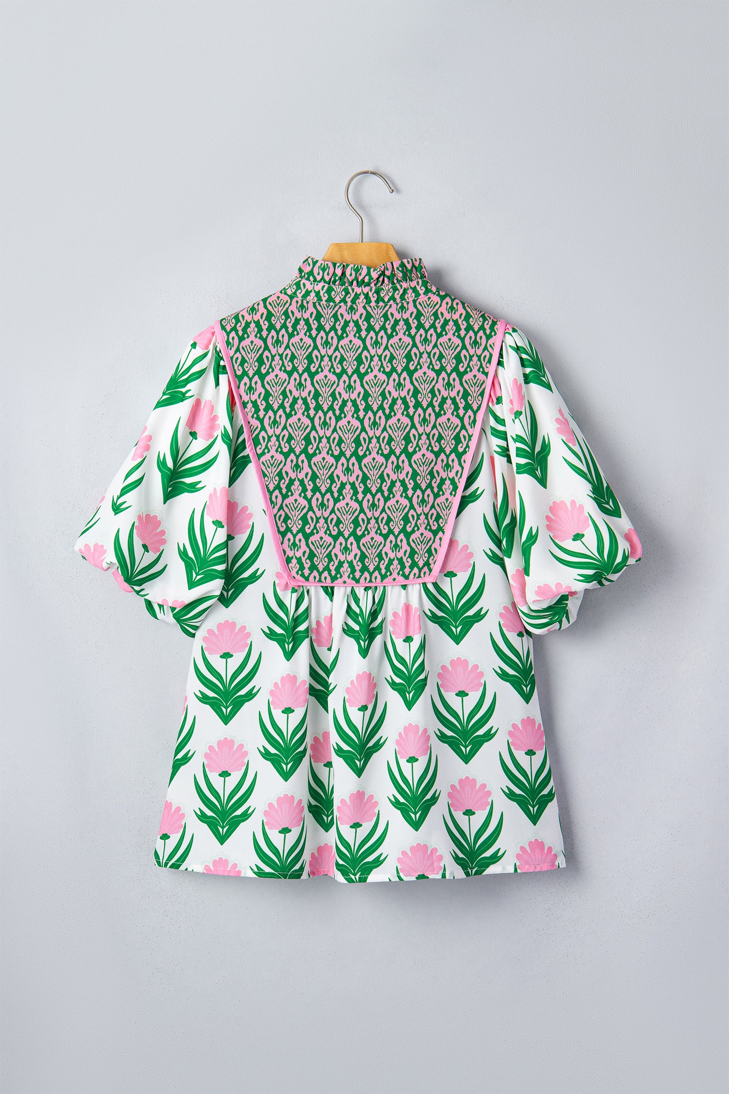 Multicolour Floral Print Puff Sleeve Contrast Bordered V Neck Blouse-Tops/Blouses & Shirts-[Adult]-[Female]-2022 Online Blue Zone Planet