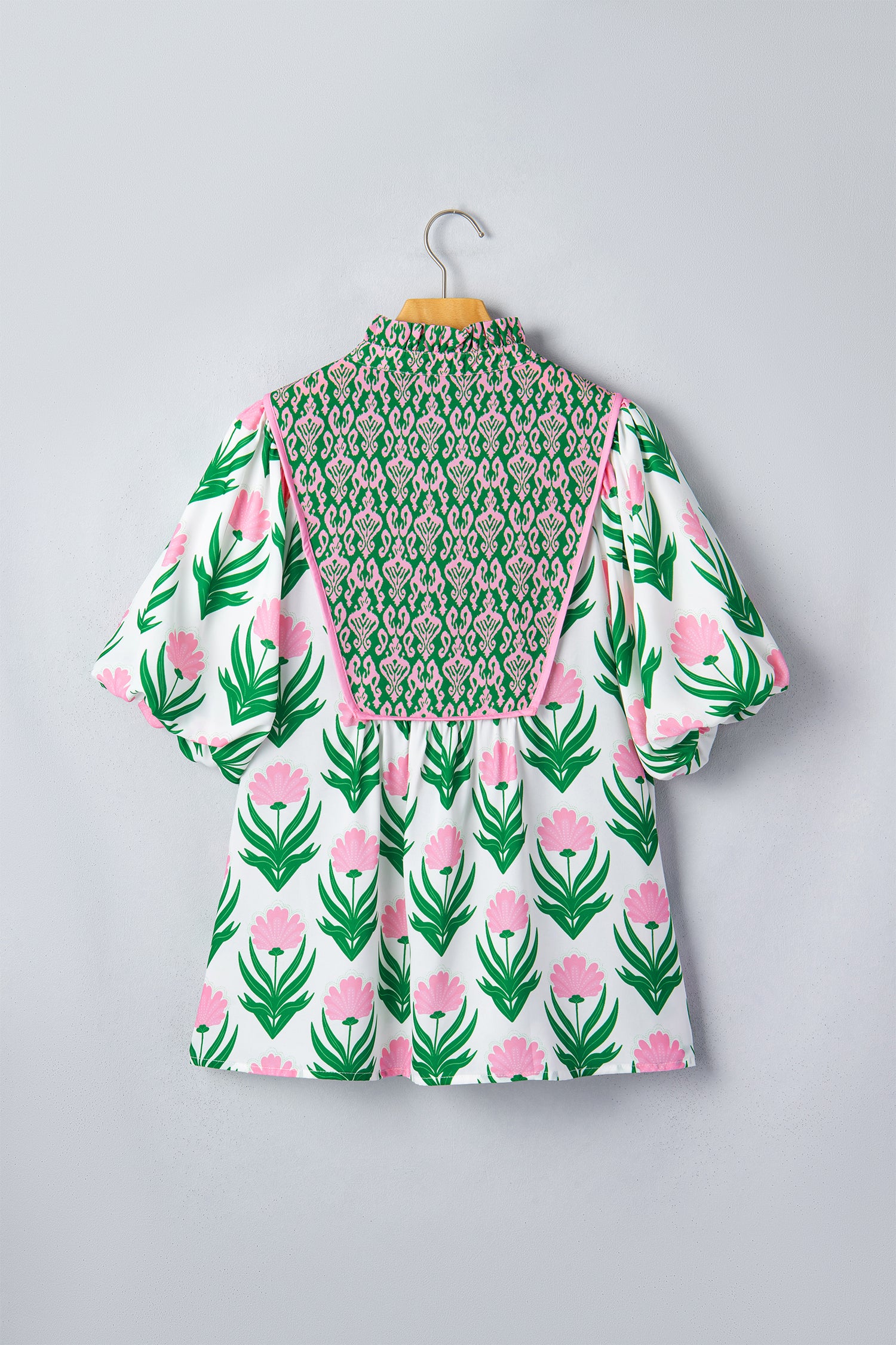 Multicolour Floral Print Puff Sleeve Contrast Bordered V Neck Blouse-Tops/Blouses & Shirts-[Adult]-[Female]-2022 Online Blue Zone Planet