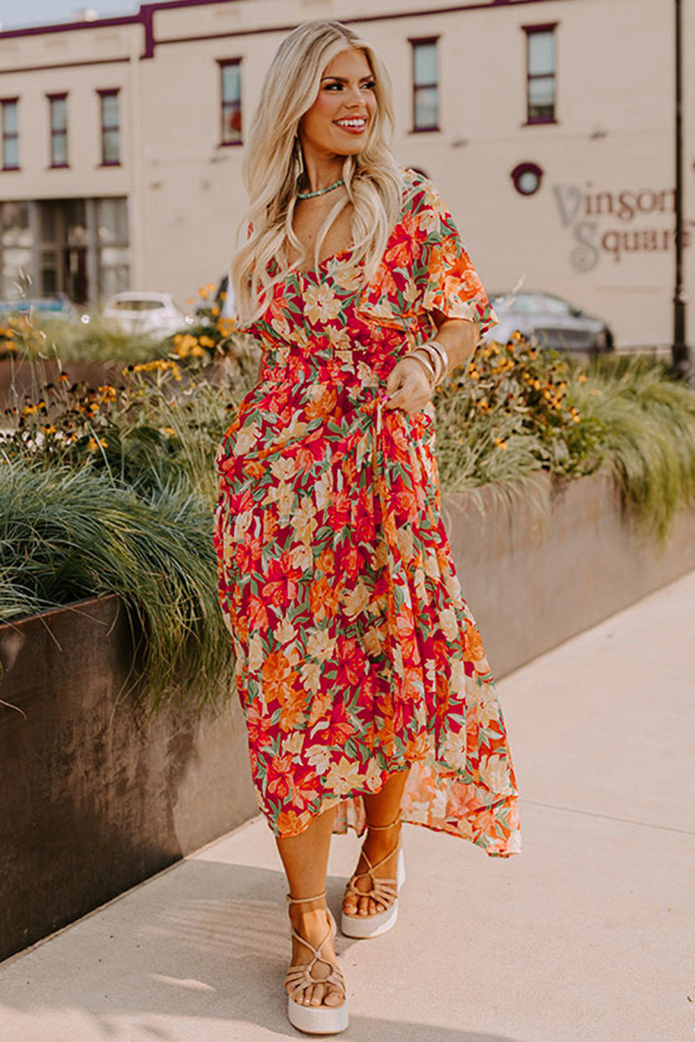 Orange Plus Size Floral V Neck Cinched Waist Maxi Dress-Plus Size Dresses-[Adult]-[Female]-2022 Online Blue Zone Planet
