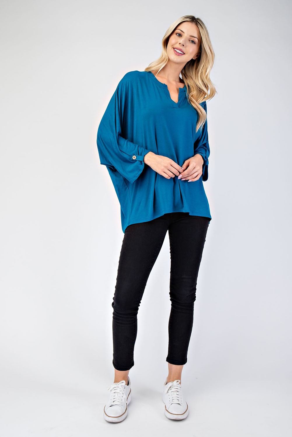 Celeste Full Size Notched Three-Quarter Sleeve Blouse-TOPS / DRESSES-[Adult]-[Female]-2022 Online Blue Zone Planet