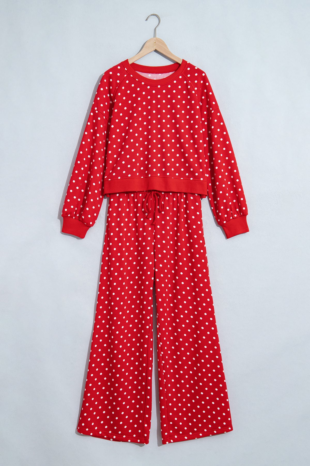 Brown Polka Dot Drawstring Wide Leg Long Sleeve Top Pant Set-Two Piece Sets/Pant Sets-[Adult]-[Female]-2022 Online Blue Zone Planet