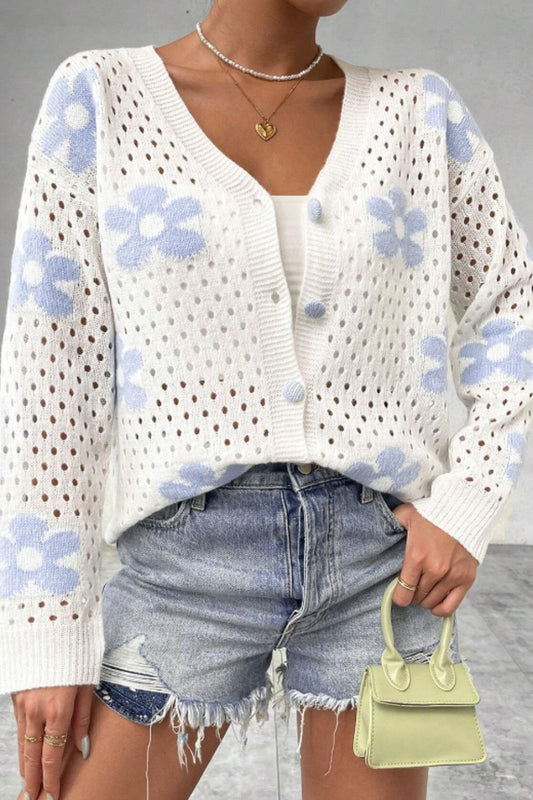 Blue Zone Planet | Flower Hollowed Out Button Down Long Sleeve Cardigan-TOPS / DRESSES-[Adult]-[Female]-White-S-2022 Online Blue Zone Planet