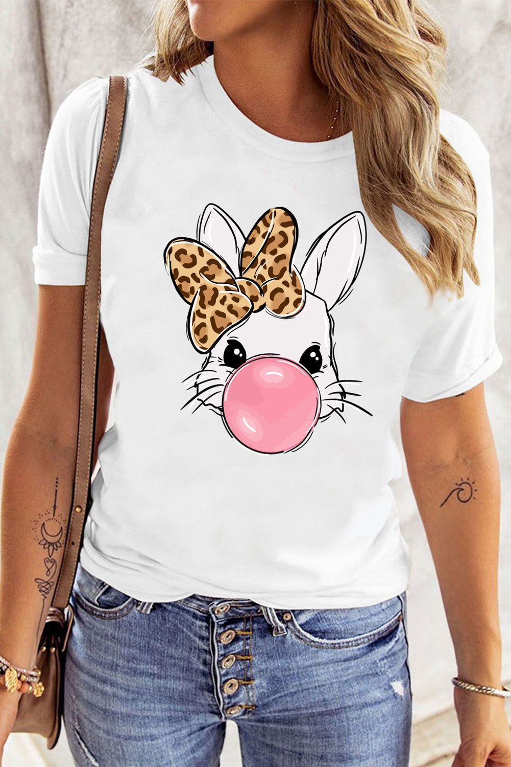 White Leopard Bow Bubble Rabbit Graphic Tee-Graphic/Graphic Tees-[Adult]-[Female]-2022 Online Blue Zone Planet