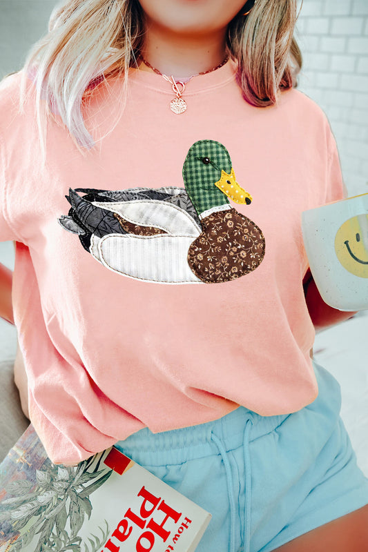 Pink Faux Quilted Mallard Casual Round Neck Tee-Graphic/Graphic Tees-[Adult]-[Female]-Pink-S-2022 Online Blue Zone Planet