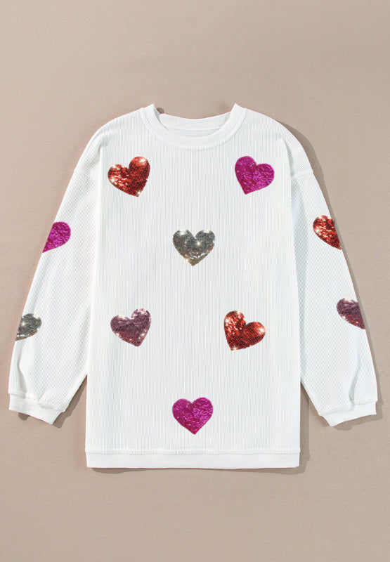 Blue Zone Planet | Valentine’s Day Sequin Heart Round Neck Long Sleeve Sweatshirt-TOPS / DRESSES-[Adult]-[Female]-2022 Online Blue Zone Planet