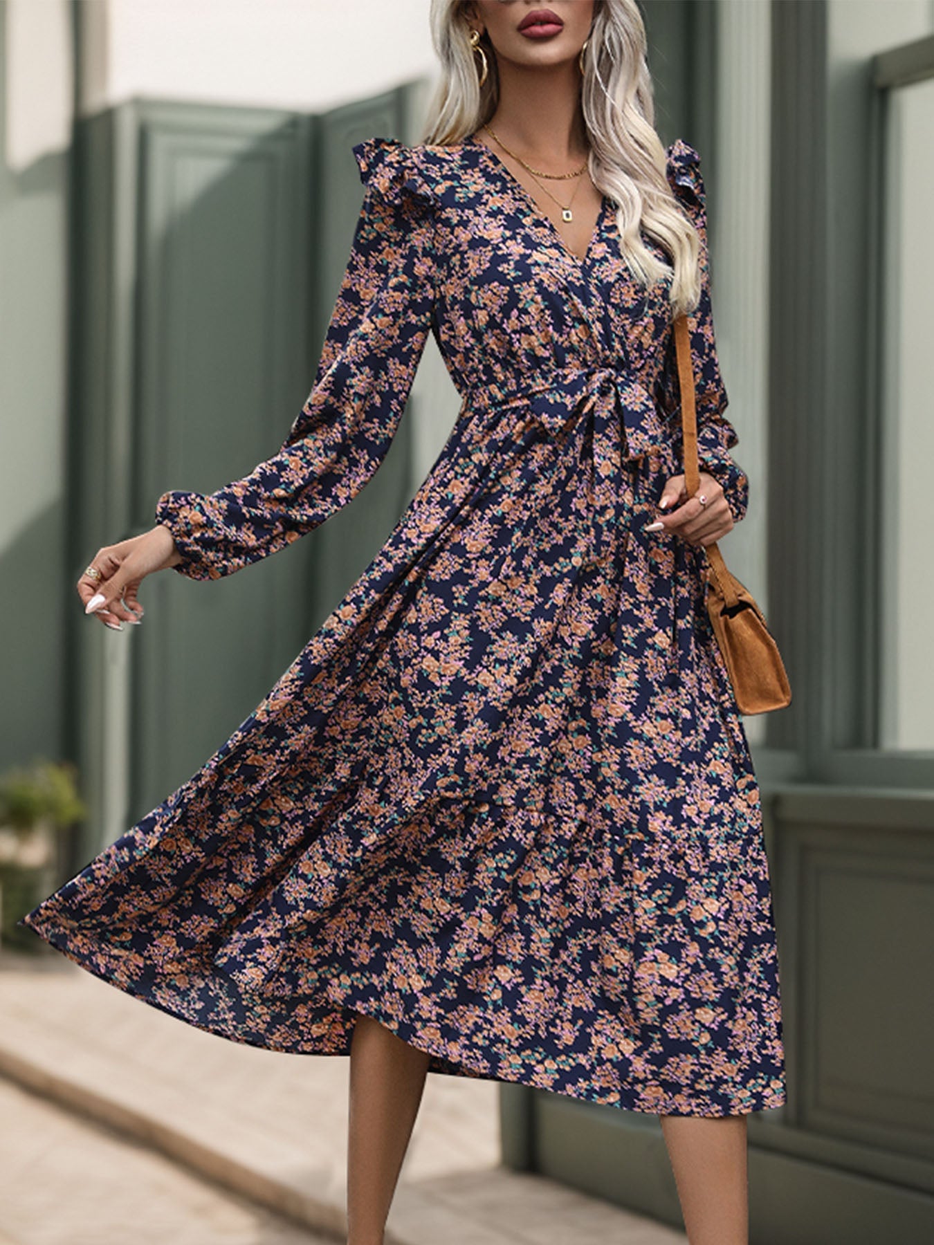 Printed Surplice Long Sleeve Midi Dress-TOPS / DRESSES-[Adult]-[Female]-2022 Online Blue Zone Planet