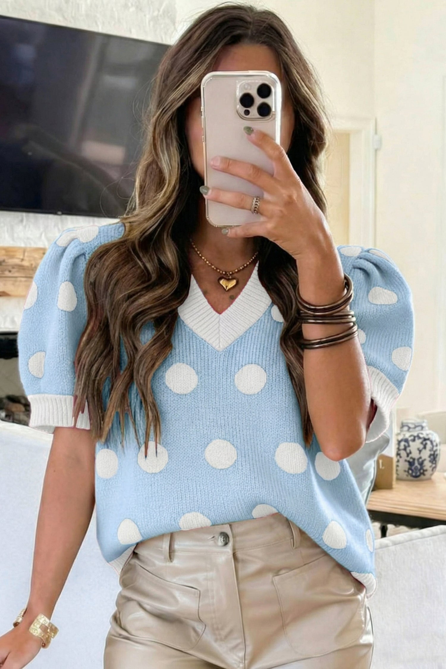 Rose Red Polka Dot Puff Short Sleeve Sweater Top-Sweaters & Cardigans/Short Sleeve Sweaters-[Adult]-[Female]-2022 Online Blue Zone Planet