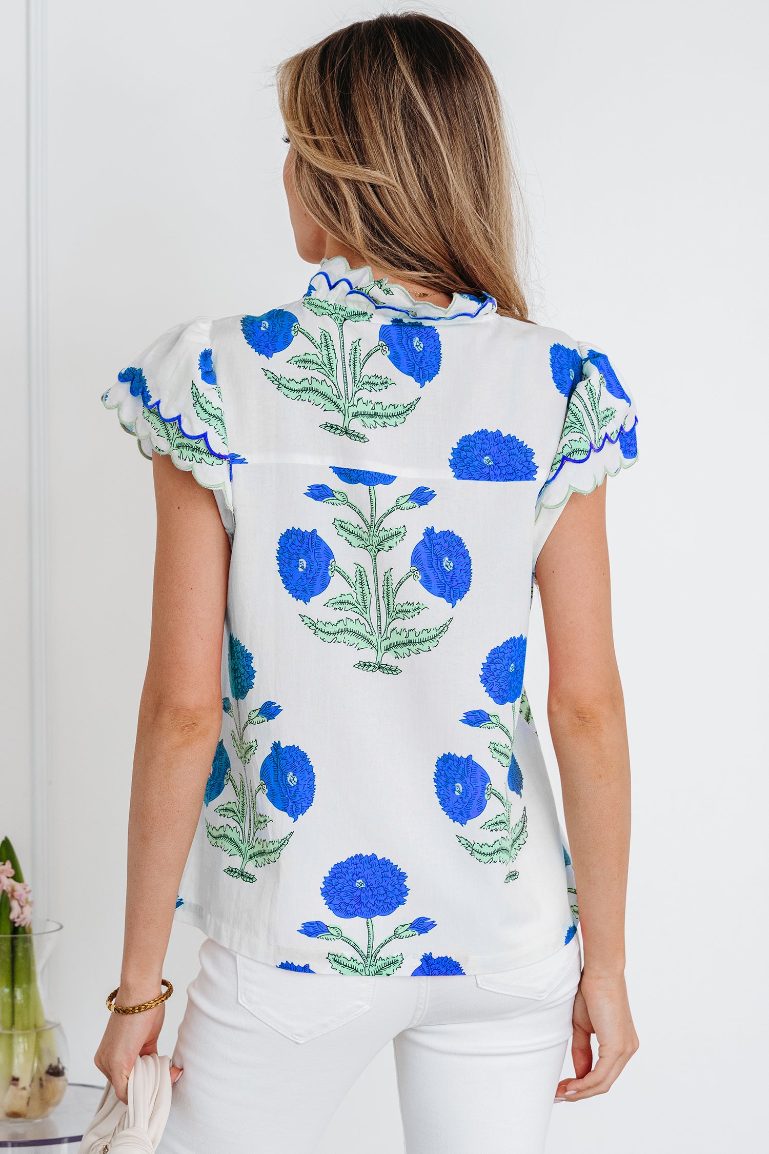 Blue Wild Flower Print Contrast Trim Scallop Detail Short Sleeve Blouse-Tops/Blouses & Shirts-[Adult]-[Female]-2022 Online Blue Zone Planet