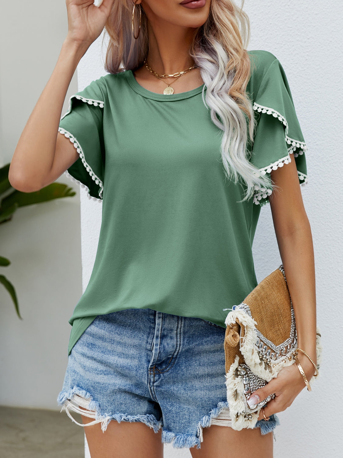 Pom-Pom Trim Flutter Sleeve Round Neck T-Shirt-TOPS / DRESSES-[Adult]-[Female]-2022 Online Blue Zone Planet