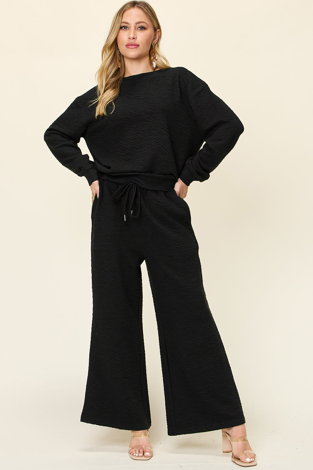 Blue Zone Planet | Double Take Full Size Texture Long Sleeve Top and Pants Set-TOPS / DRESSES-[Adult]-[Female]-Black-S-2022 Online Blue Zone Planet