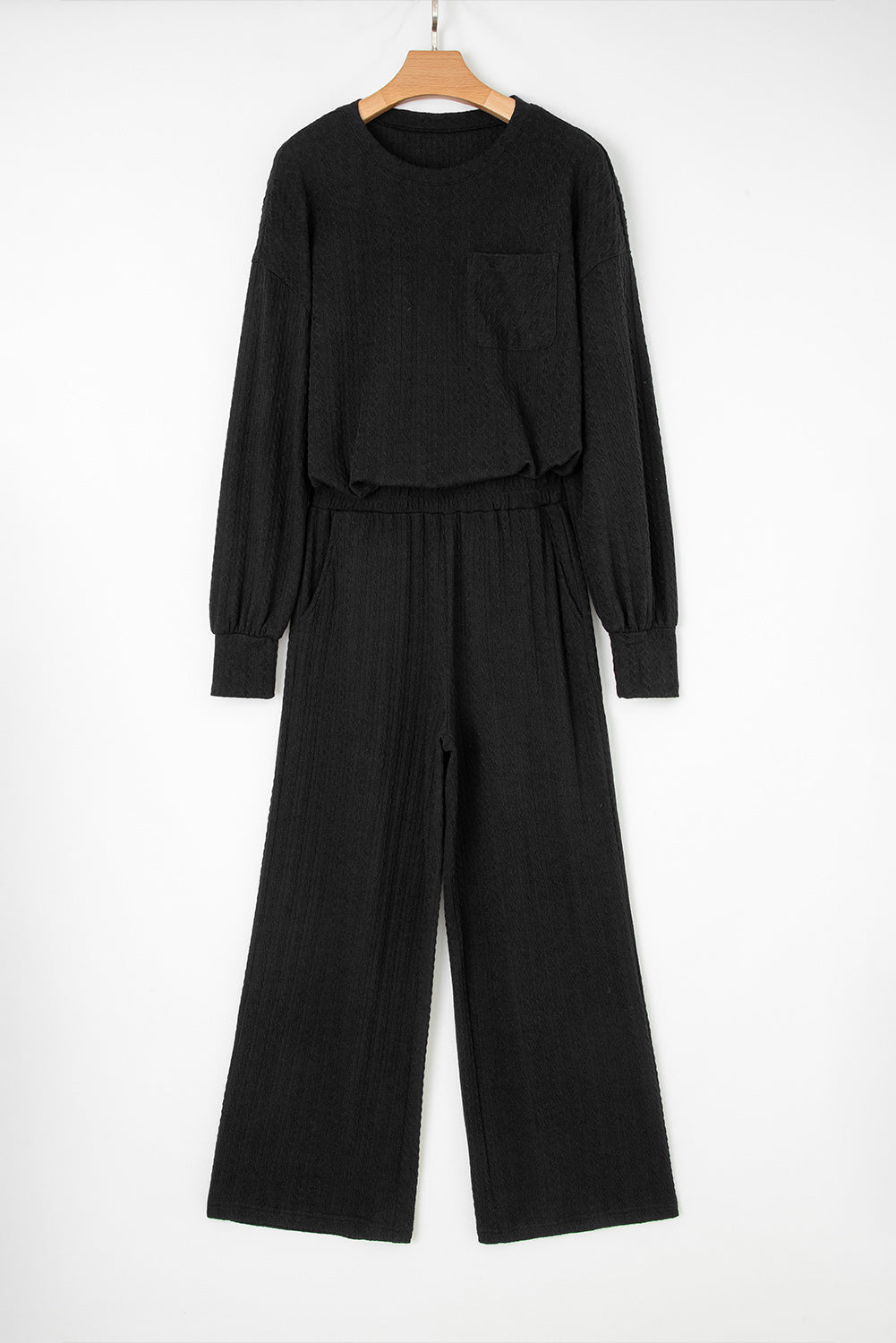 Black Textured Chest Pocket Long Sleeve Top 2Pcs Pants Set-Two Piece Sets/Pant Sets-[Adult]-[Female]-2022 Online Blue Zone Planet