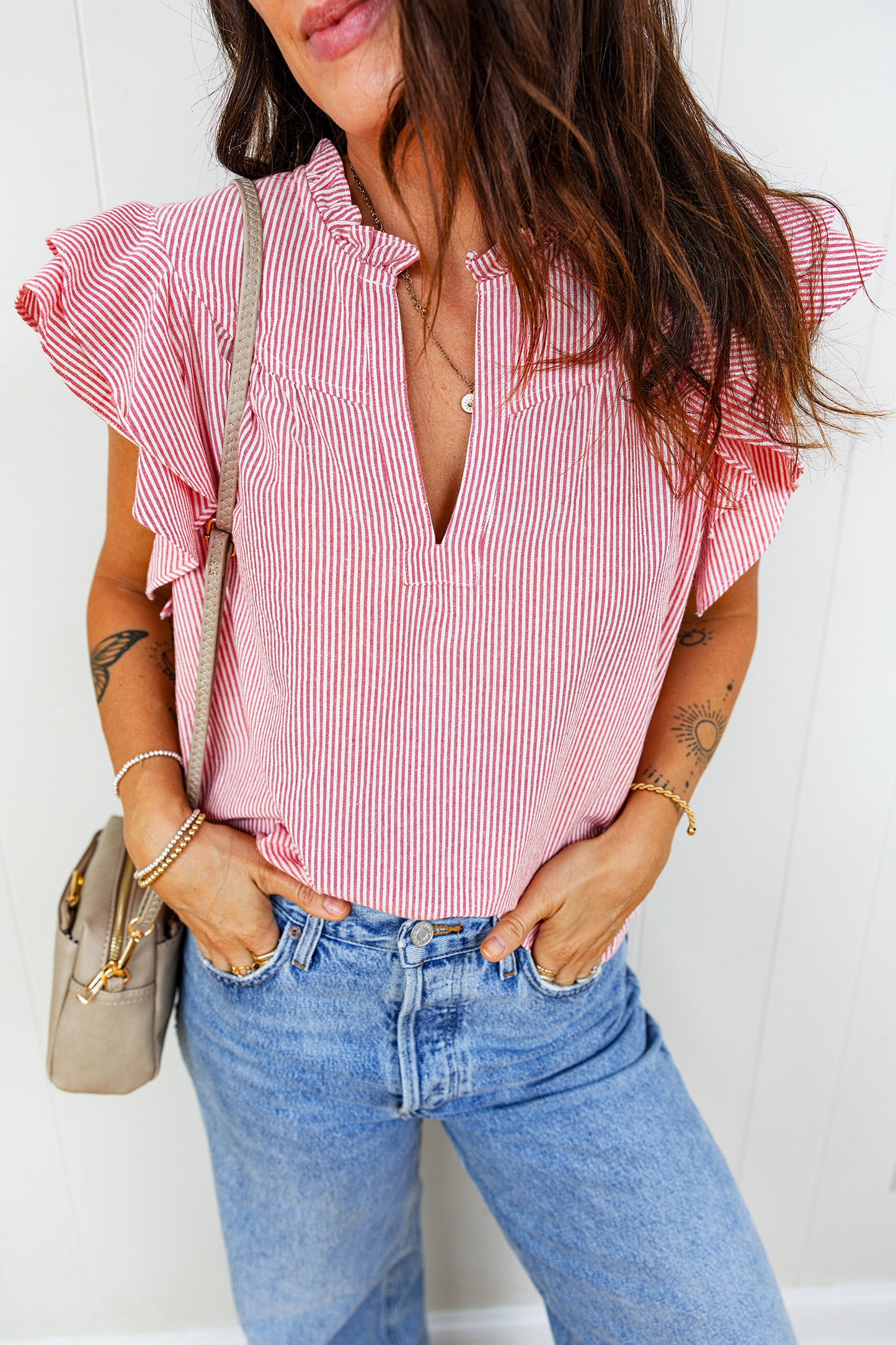 Red Stripe Frilly Split Neck Double Ruffled Short Sleeve Blouse-Tops/Blouses & Shirts-[Adult]-[Female]-Red Stripe-S-2022 Online Blue Zone Planet