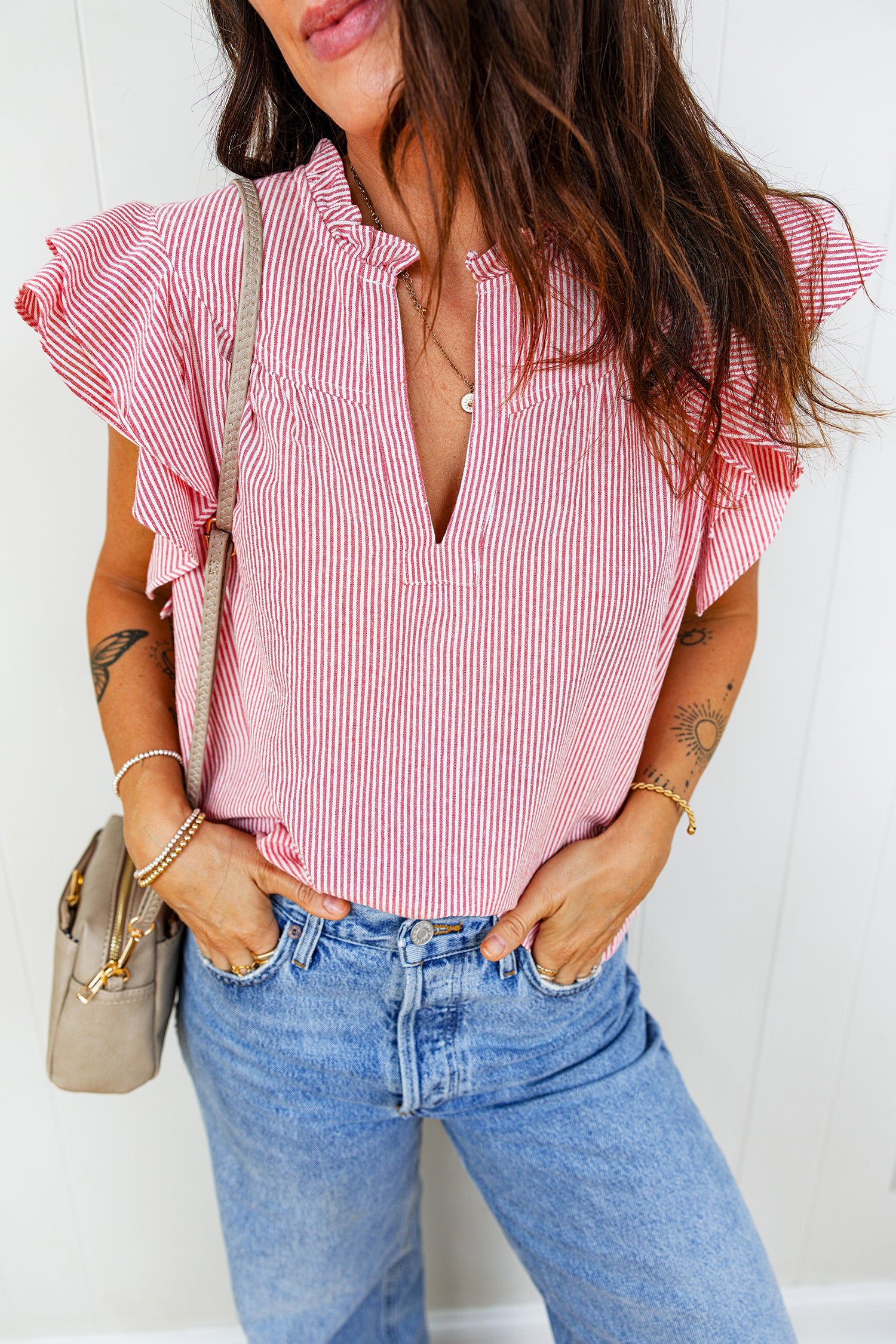 Red Stripe Frilly Split Neck Double Ruffled Short Sleeve Blouse-Tops/Blouses & Shirts-[Adult]-[Female]-Red Stripe-S-2022 Online Blue Zone Planet