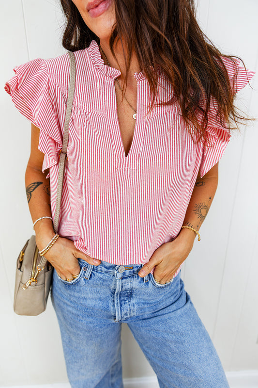 Red Stripe Frilly Split Neck Double Ruffled Short Sleeve Blouse-Tops/Blouses & Shirts-[Adult]-[Female]-Red Stripe-S-2022 Online Blue Zone Planet