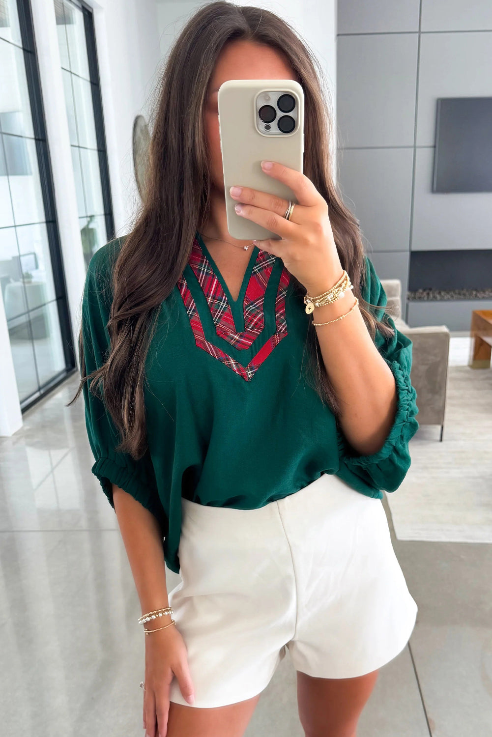 Evergreen Contrast Plaid Patchwork V Neck Half Sleeve Blouse-Tops/Blouses & Shirts-[Adult]-[Female]-2022 Online Blue Zone Planet