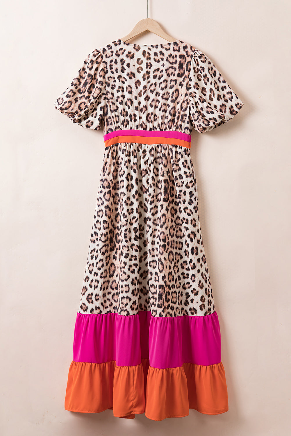 Blue Zone Planet | Bright Pink Leopard Colorblock Patchwork Bubble Sleeve Maxi Dress-TOPS / DRESSES-[Adult]-[Female]-2022 Online Blue Zone Planet