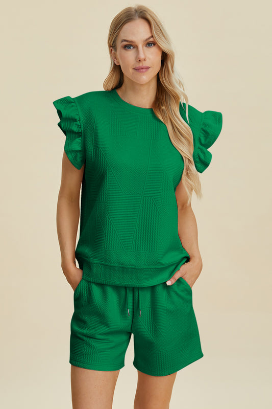 Blue Zone Planet | Double Take Full Size Texture Round Neck Ruffle Sleeve Top and Shorts Set-TOPS / DRESSES-[Adult]-[Female]-Dark Green-S-2022 Online Blue Zone Planet