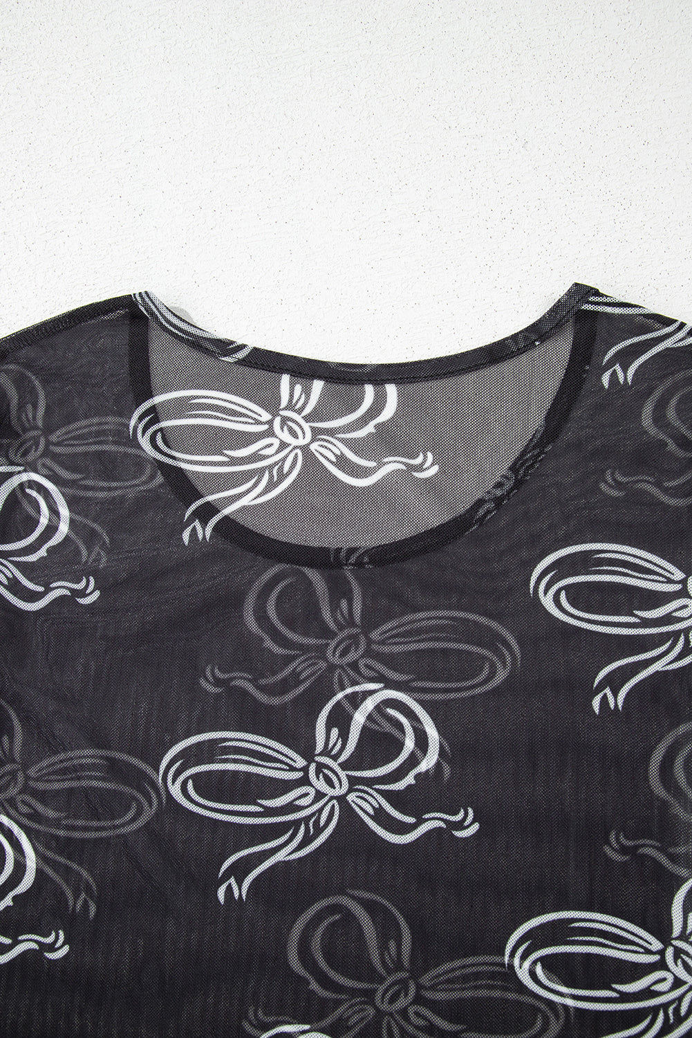 Black Round Neck Bow Print Long Sleeve Mesh Top-Tops/Long Sleeve Tops-[Adult]-[Female]-2022 Online Blue Zone Planet