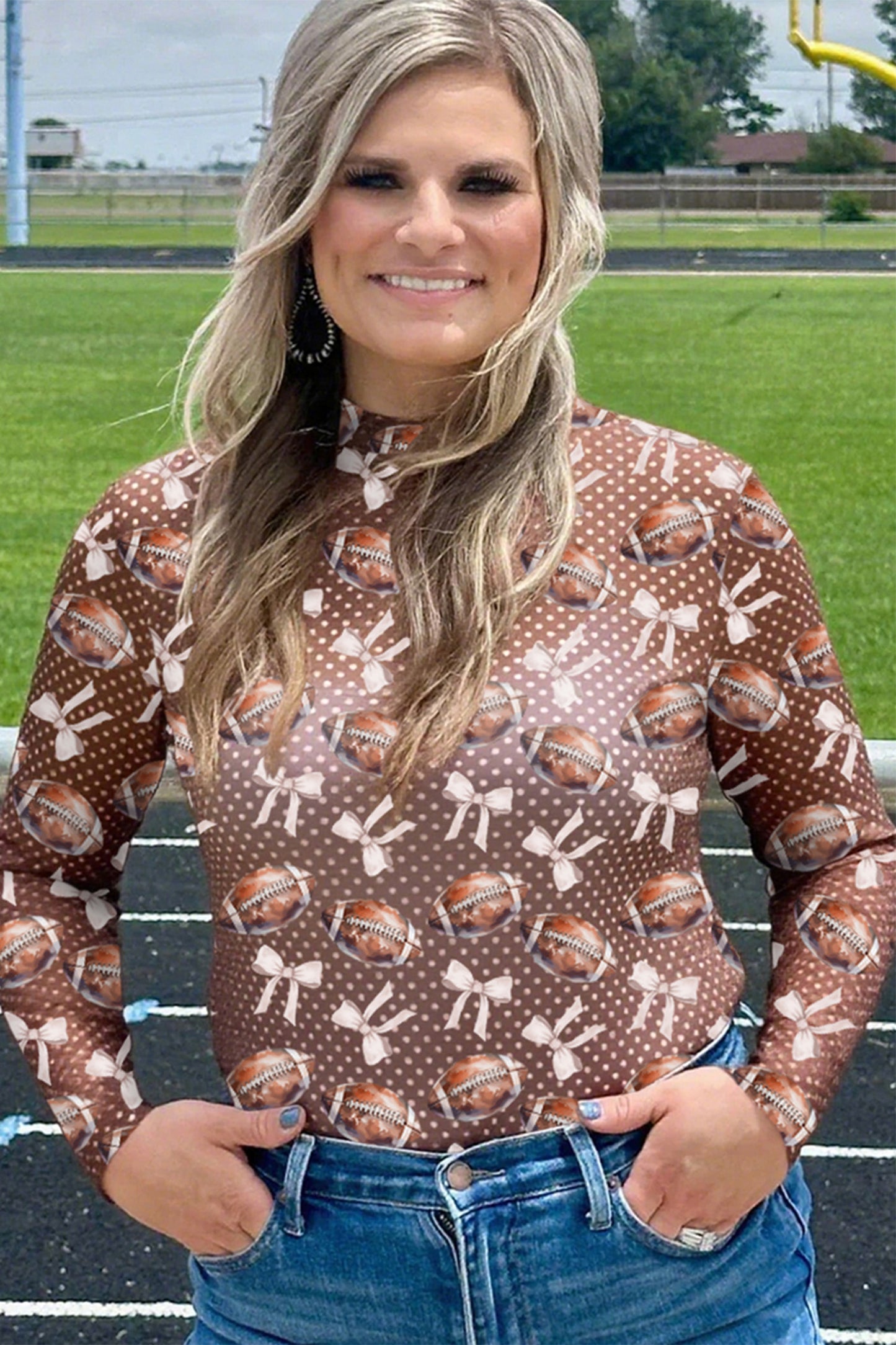 Brown Polka Dot Bow Printed Game Day Vibes Mesh Long Sleeve Top-Tops/Long Sleeve Tops-[Adult]-[Female]-2022 Online Blue Zone Planet