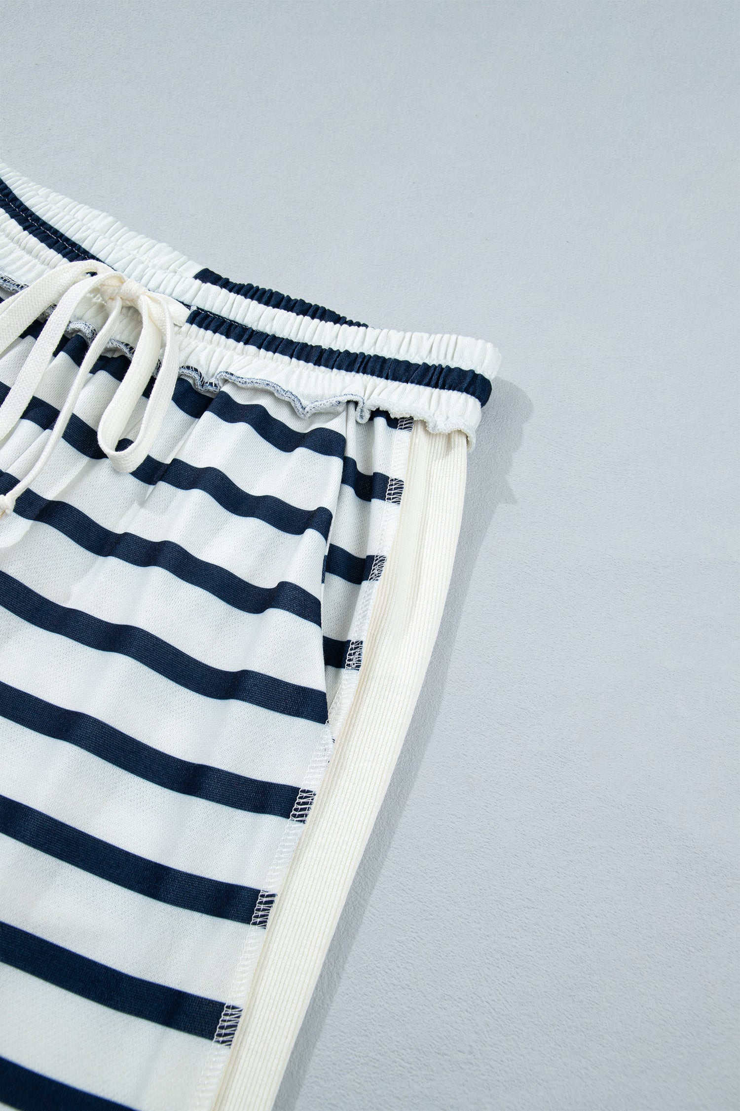 Blue Stripe Striped Ribbed Cuff Collar Pocket Loose Pant Set-Two Piece Sets/Pant Sets-[Adult]-[Female]-2022 Online Blue Zone Planet