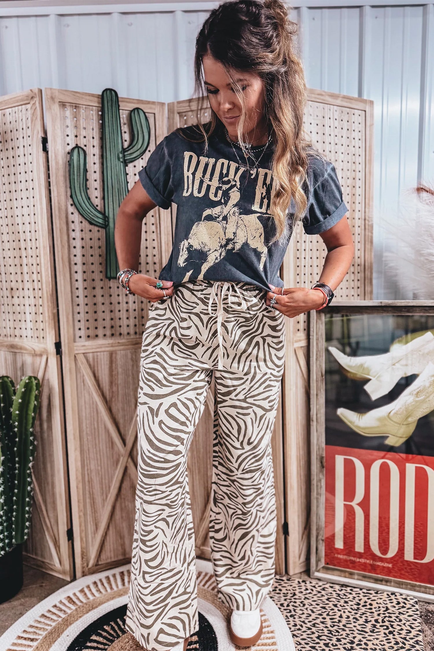 Multicolour Western Print Zebra Pattern Elastic Waist Pocket Full-Length Pants-Bottoms/Pants & Culotte-[Adult]-[Female]-2022 Online Blue Zone Planet