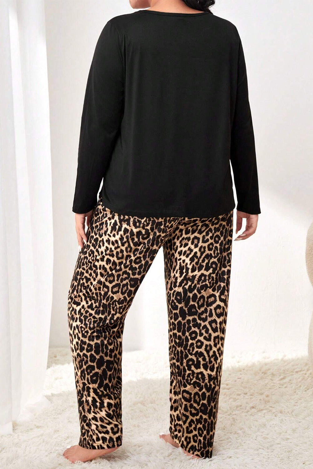 Black Leopard Patched Pocket Long Sleeve Top Plus Size Pants Set-Plus Size/Plus Size Loungewear-[Adult]-[Female]-2022 Online Blue Zone Planet