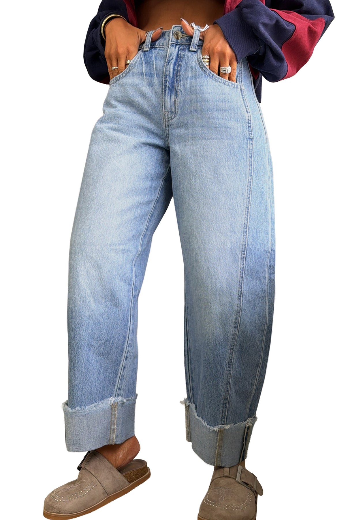 Sail Blue Raw Hem Turnup Loose Ankle-length Jeans-Bottoms/Jeans-[Adult]-[Female]-2022 Online Blue Zone Planet