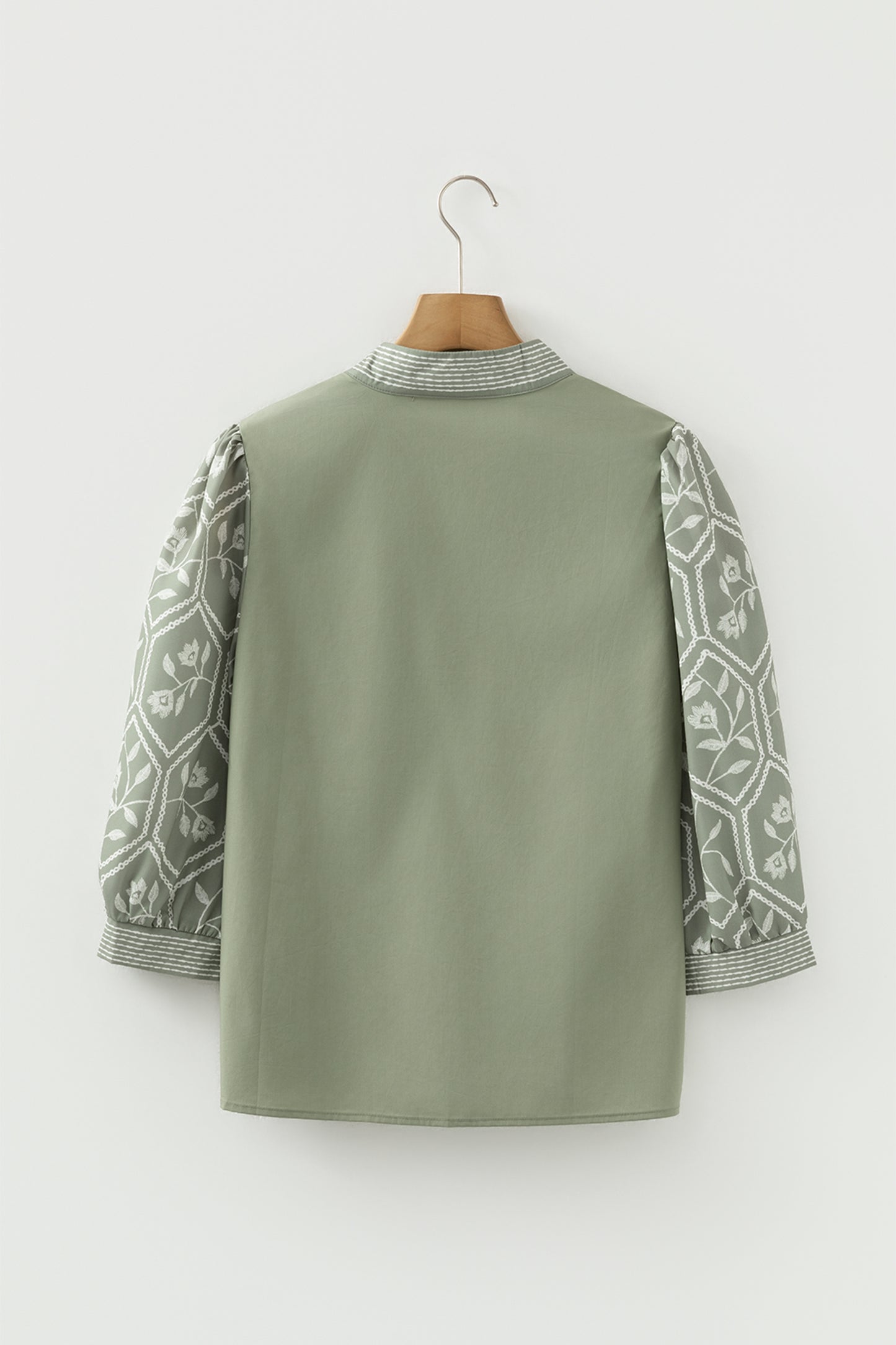 Grass Green Floral Puff Sleeve Contrast V Neck Patchwork Blouse-Tops/Blouses & Shirts-[Adult]-[Female]-2022 Online Blue Zone Planet