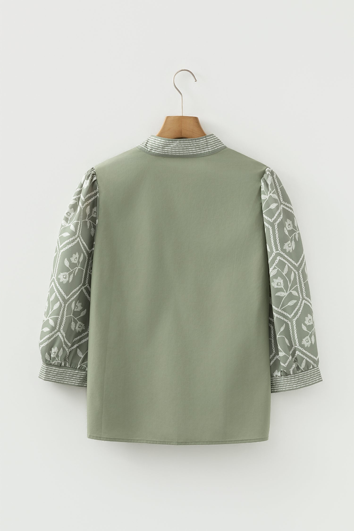 Grass Green Floral Puff Sleeve Contrast V Neck Patchwork Blouse-Tops/Blouses & Shirts-[Adult]-[Female]-2022 Online Blue Zone Planet